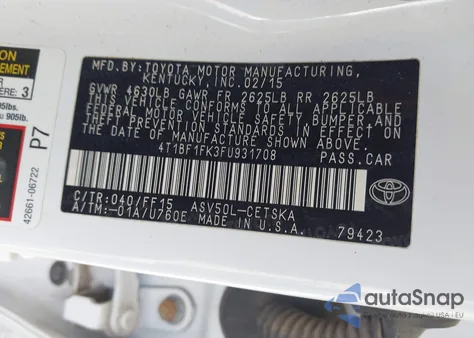 2015 Toyota Camry Se z USA, uszkodzony, nr VIN 4T1BF1FK3FU931708